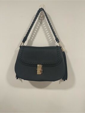 Black Braided-Handle Shoulder Saddle Bag with Gold Lock
